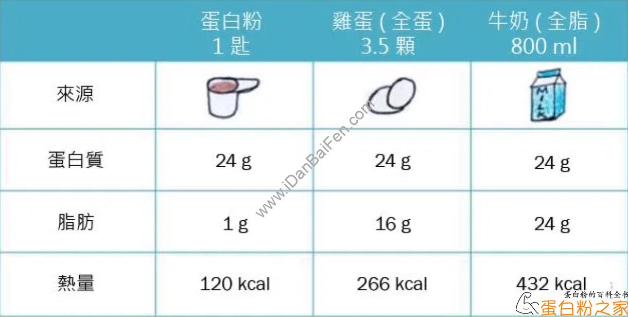 蛋白粉热量、脂肪、胆固醇含量与食物含量的对比